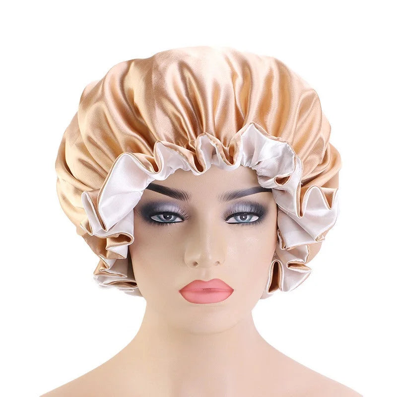 High Quality Double Sided Layer Waterproof Shower Cap Solid Color Satin Hair Bonnet Cap For Women
