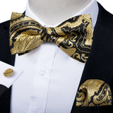 Classic Black Men Bow Ties 100% Silk Bowties Butterfly Pocket Square Cufflinks Set Suit Paisley Gold Pre-Tied Bow Tie DiBanGu