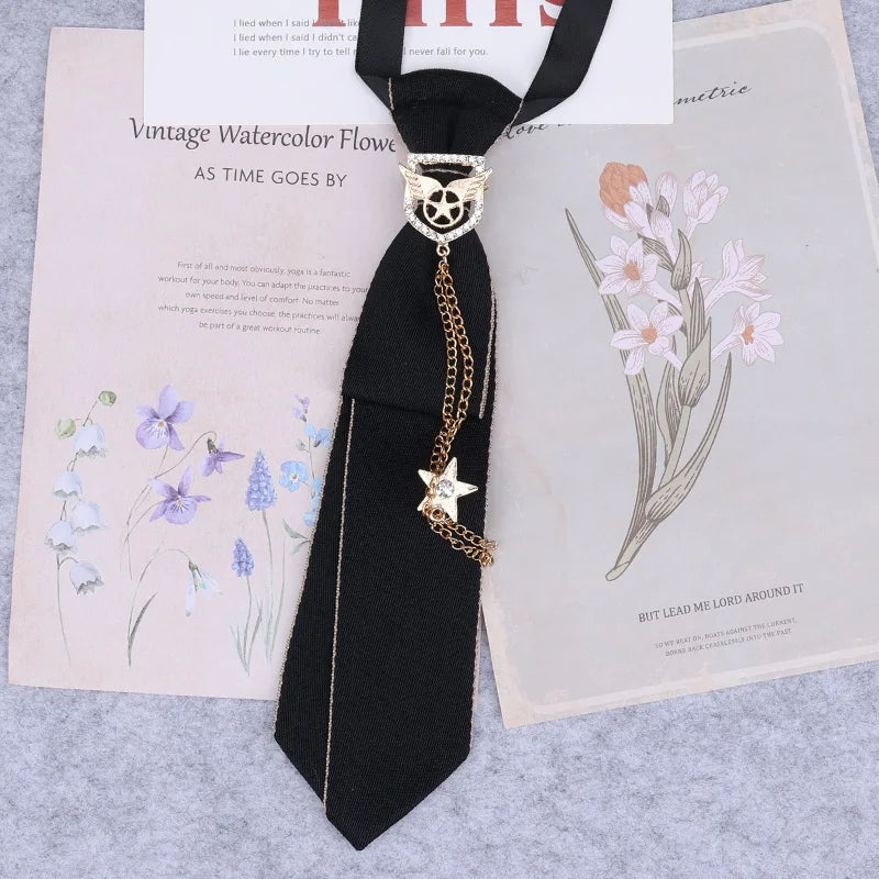 Cravate en ruban noir faite à la main, bijoux en strass cristal, chemises blanches pour hommes, étudiantes, garçons, col, cravates, uniformes, femmes