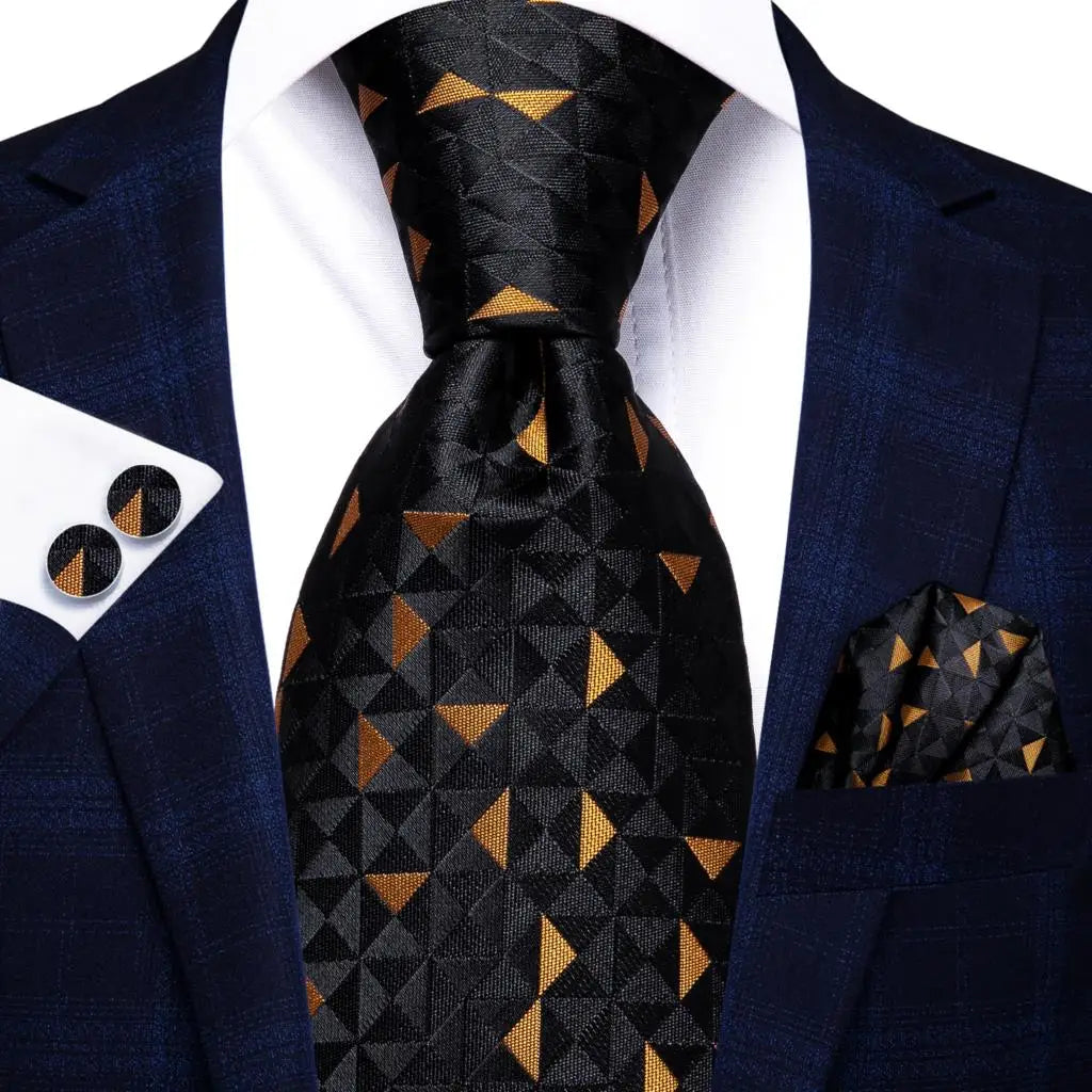 Cravate élégante pour homme, motif cachemire, rayures noires et dorées, en soie, pour mariage, mouchoir, boutons de manchette, pour entreprise, fête, livraison directe