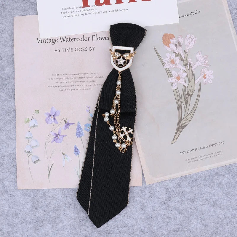 Cravate en ruban noir faite à la main, bijoux en strass cristal, chemises blanches pour hommes, étudiantes, garçons, col, cravates, uniformes, femmes