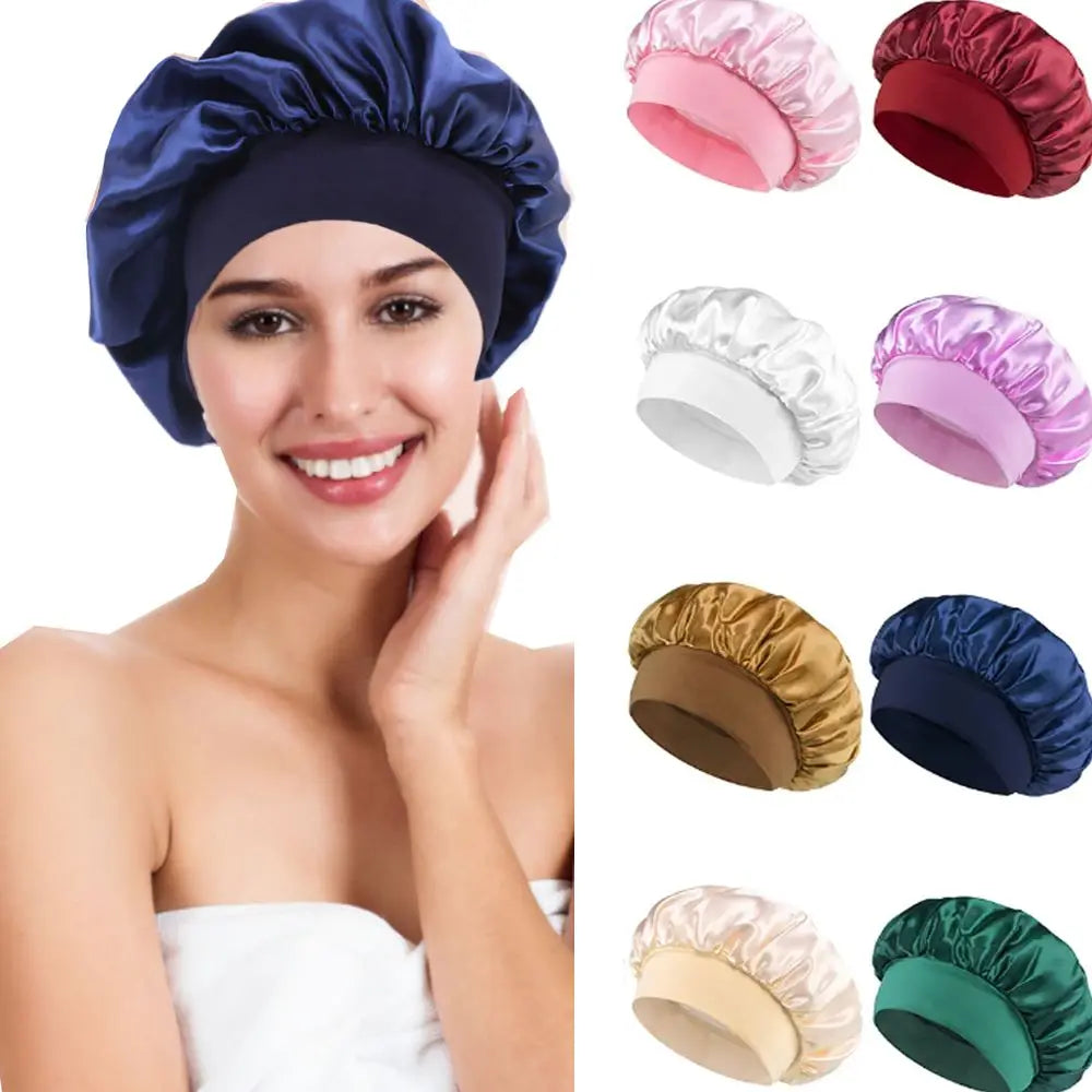 Soft Long Hair Care Bonnet Imitation Silk Solid Satin Satin Shower Caps Large Elastic Edge Wrap Night Sleep Hat for Women