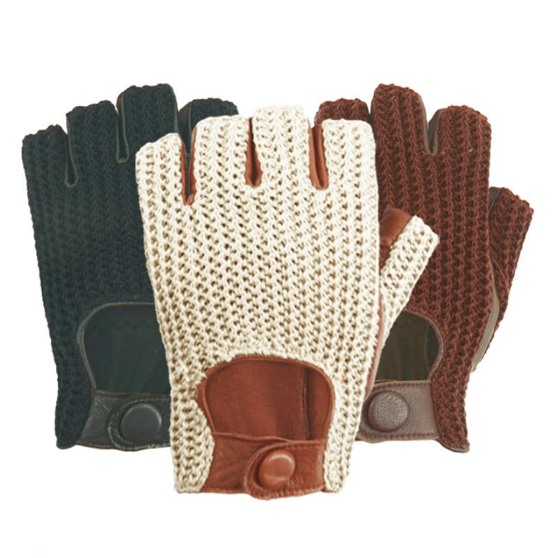 Gants de conduite pour hommes, gants de moto, gants demi-doigts en peau de mouton, gants de voiture en cuir tricoté pour hommes, gants de travail