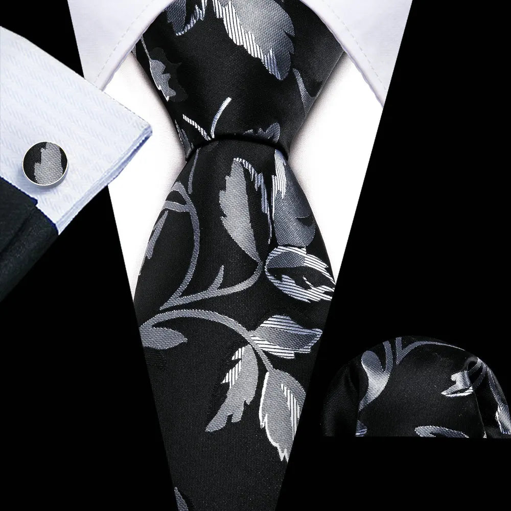 Cravates en soie noire pour hommes, classiques, solides, tissées de haute qualité, avec pochette et boutons de manchette, pour soirées formelles, design Barry.Wang