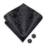 Hi-Tie Black White Silver Grey Brown Silk Mens Bow Tie Hankerchief Cufflinks Set Pre-tied Butterfly Knot Adjustable Bowtie Male