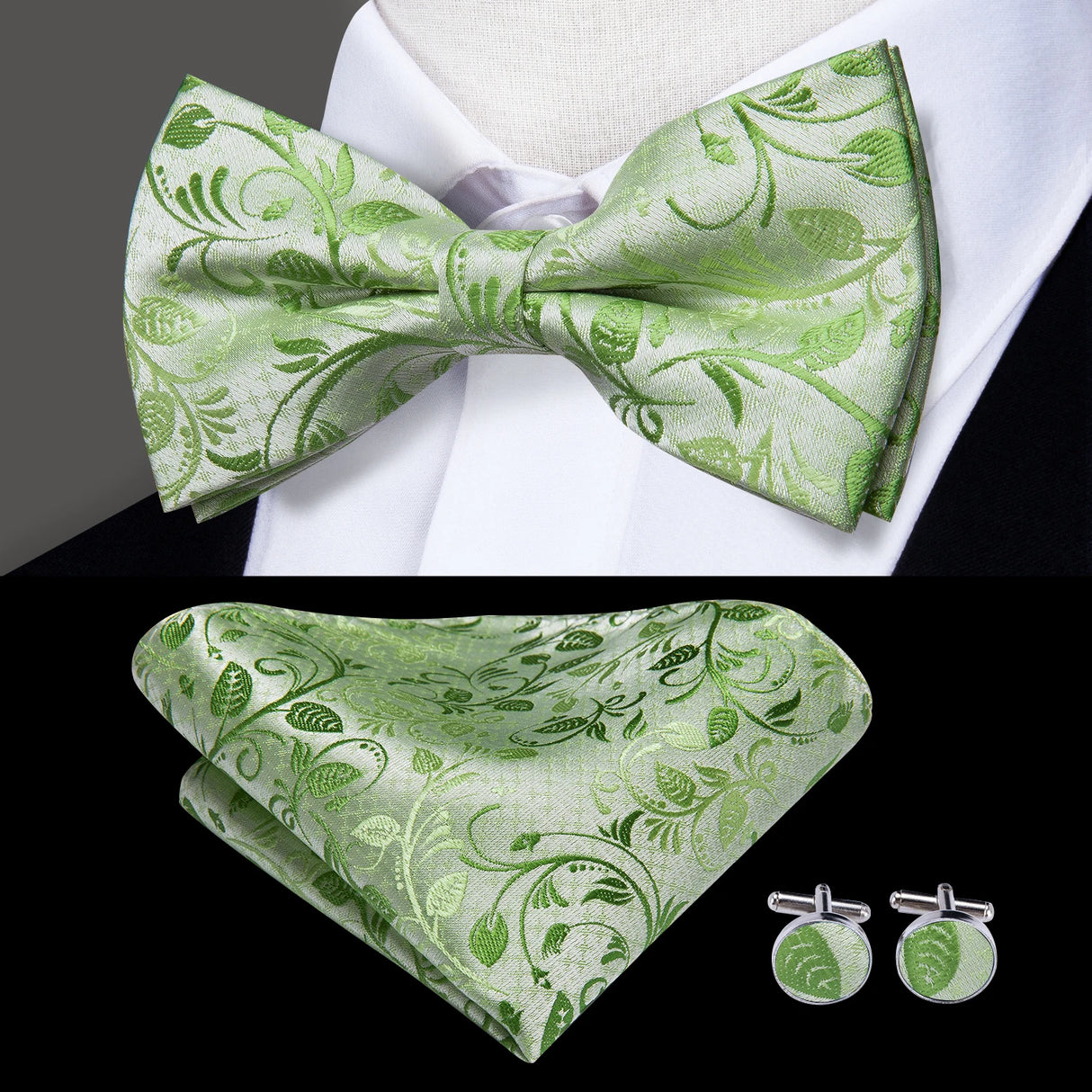 Hi-Tie Nœuds papillon verts de Noël pour hommes Cravate papillon en soie Ensemble de boutons de manchette et mouchoirs pour fête de mariage Nœud papillon uni à carreaux cachemire