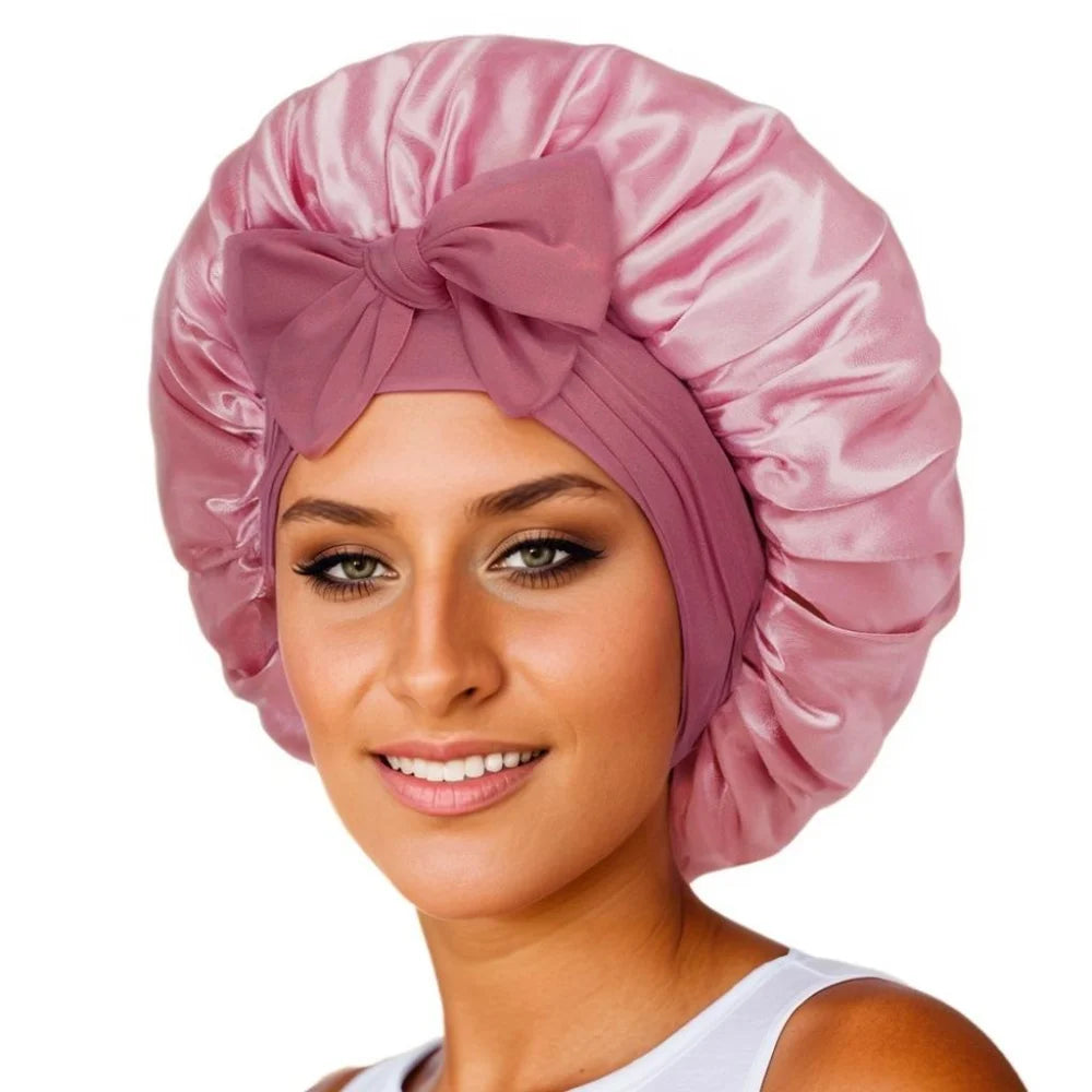 Bonnet de nuit en satin pour femme, large bande solide, extensible, avec nœud, bonnet soyeux, bonnet de nuit, soins capillaires, couvre-tête de douche