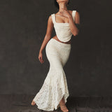 Suninheart Elegant Women 2 Piece Dress Set 2023 Maxi Wedding Guest Dress Lace Up Crop Top and Maxi Skirt Set Formal Event Dress