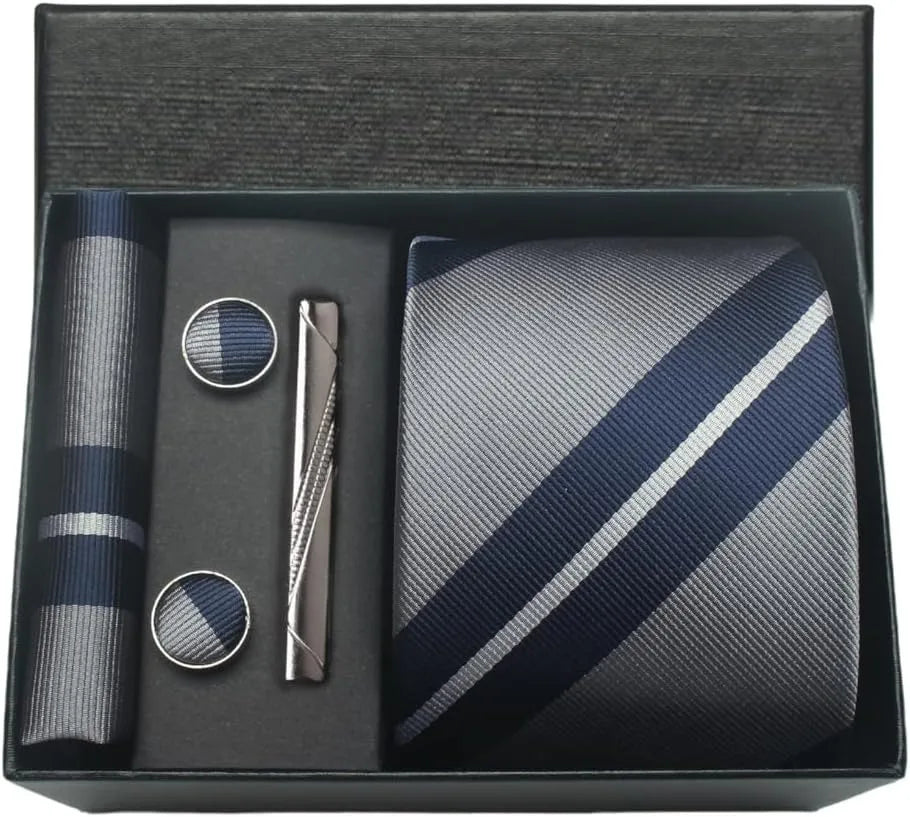 Classic 100% Silk Men's Ties In Gift box 8cm Plaid Dot Striped Business Necktie Handkerchief Cufflinks Wedding Party Tie Set