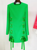 White Green Lace Up Mini Dress 2024 New Designer Runway Fashion Women's Long Sleeve Ribbons Lacing Up Dress High Quality
