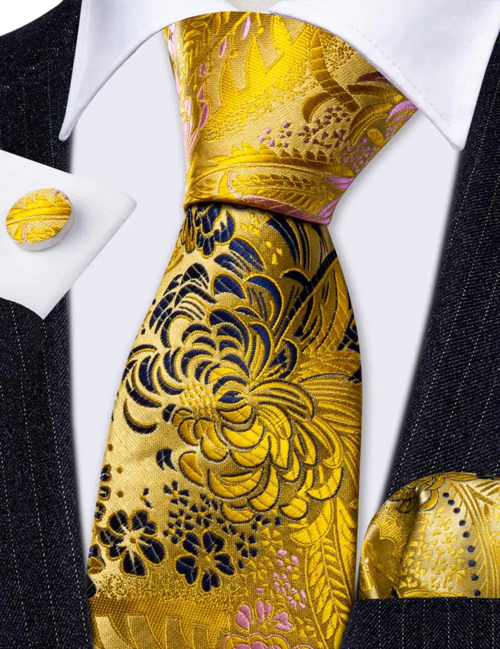 Cravate de mariage noire, dorée et rose pour homme, en soie florale, motif jacquard, pochette, boutons de manchette, pour soirée d'affaires, Barry.Wang