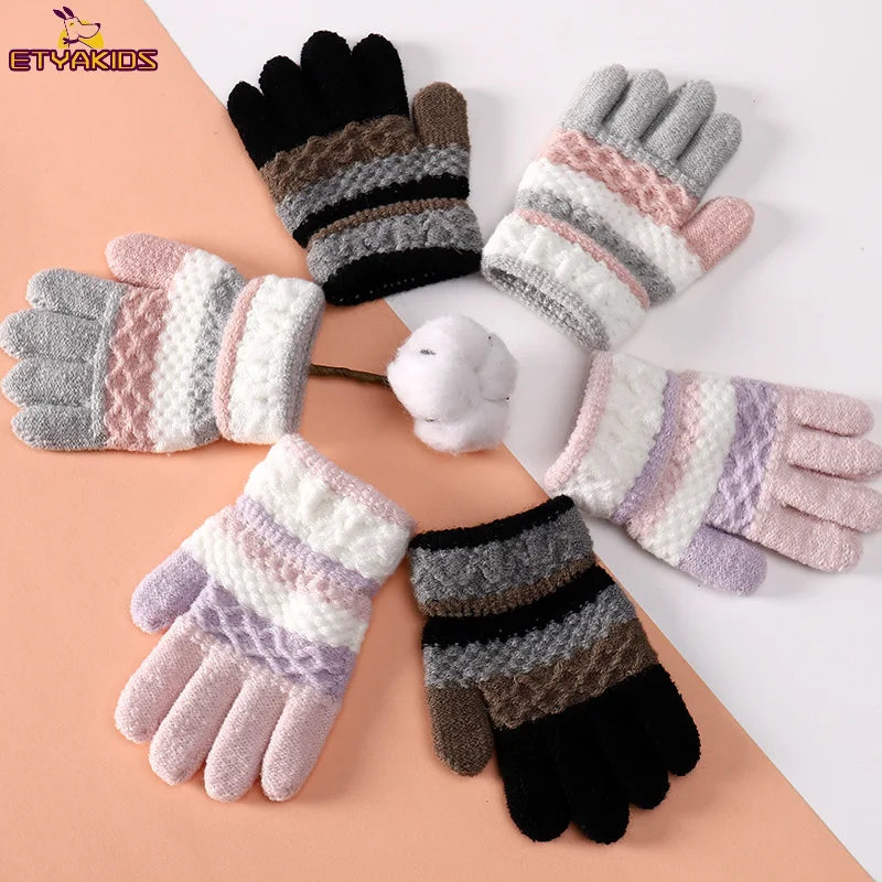 1 paire de gants d'hiver chauds pour bébé, mignons, rayés, à doigts fendus, pour la maternelle, garçons et filles, gants tricotés pour enfants de 3 à 8 ans
