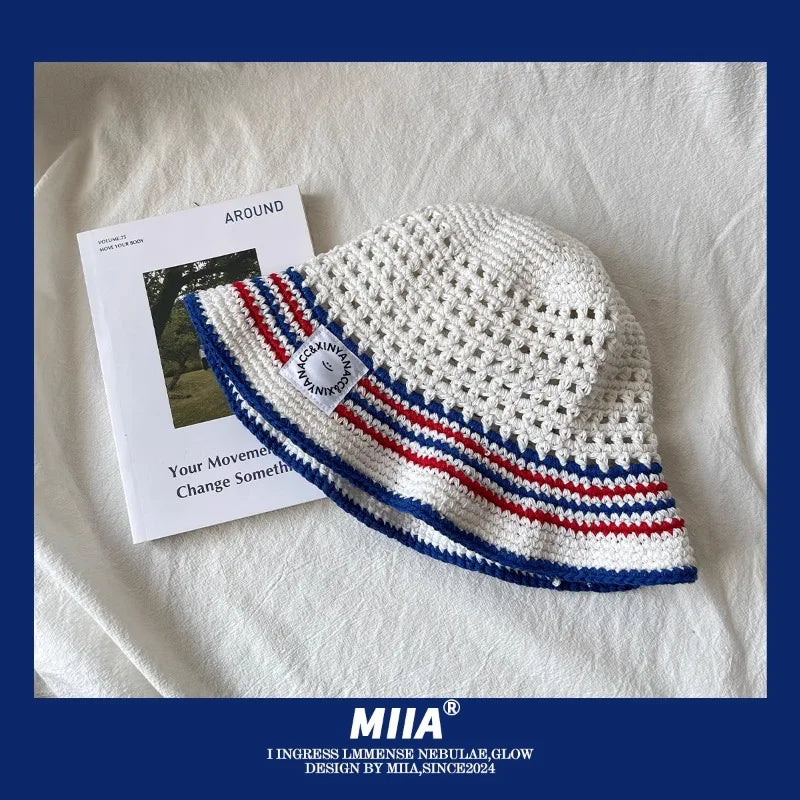 Spring and Summer Hand-knitted Wool Hollow Men Bucket Hat Outdoor Sunshade Breathable Soft Top Color Matching Women's Sun Cap