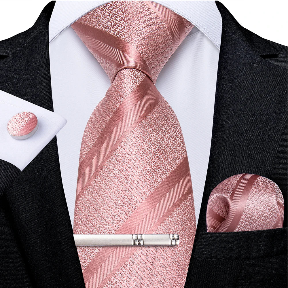 Ensemble cravate homme en soie à rayures roses, motif floral, motif cachemire uni, 8 cm, mouchoir, boutons de manchette, accessoires de mariage, de bal, cravate