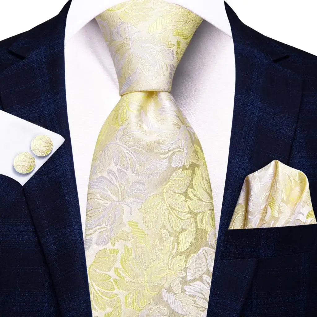 Hi-Tie Cravate de mariage en soie à motif floral, couleur champagne ivoire massif, pour homme, de qualité, avec boutons de manchette, tendance, pour entreprise, livraison directe