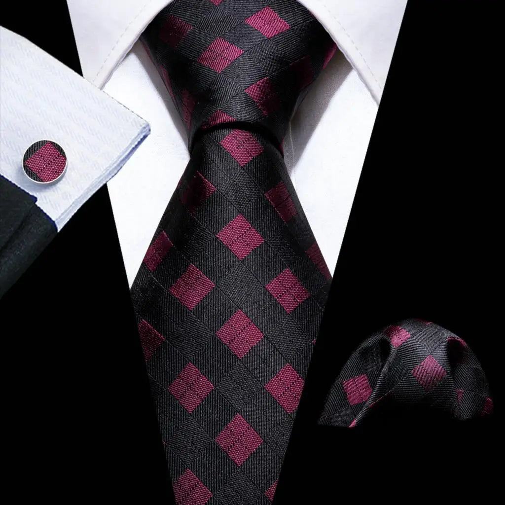 Barry.Wang Ensemble cravate et boutons de manchette en soie pour homme, motif jacquard, rouge, bordeaux, rose, pour mariage, affaires, fête