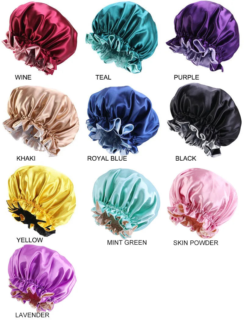 High Quality Double Sided Layer Waterproof Shower Cap Solid Color Satin Hair Bonnet Cap For Women