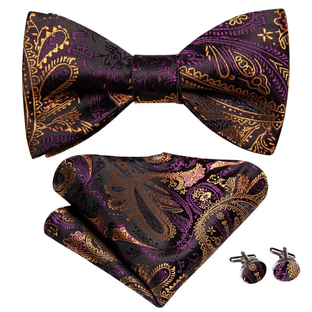 Hi-Tie Ensemble nœud papillon en soie pour homme, mouchoir et boutons de manchette, bleu, rouge, or, noir, blanc, jacquard, nœud papillon, mariage, affaires