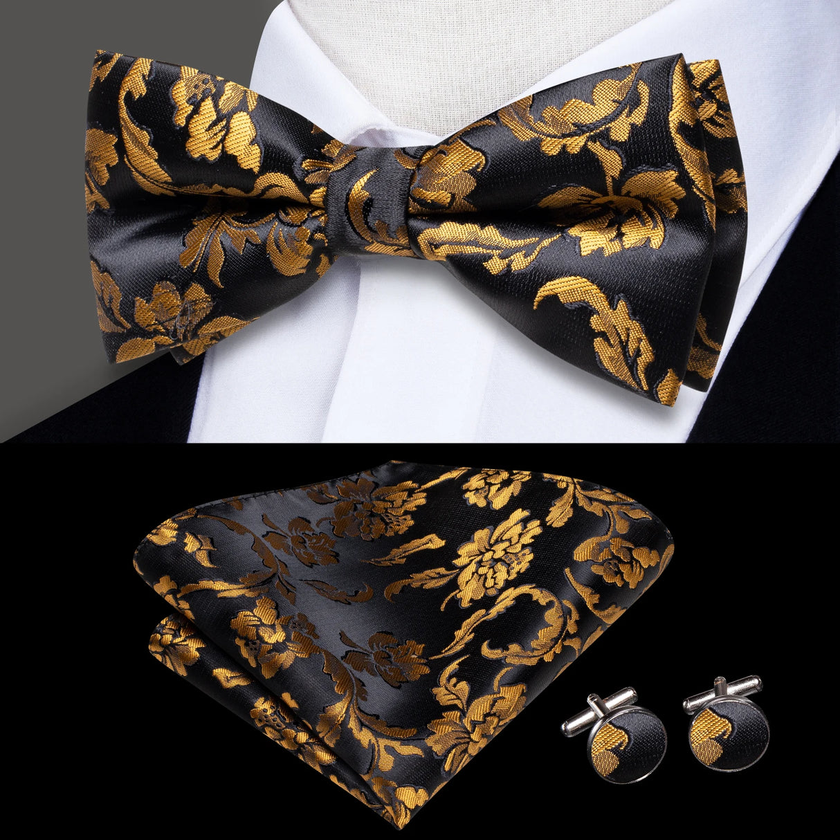 Hi-Tie Jacquard Silk Nœud papillon pour homme, ensemble de boutons de manchette et mouchoir, nœud papillon pré-noué, noir, blanc, gris, bleu, rouge, vert, rose, violet