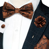 Champagne Silk Jacquard Paisley Mens Bow Tie Brooch Hanky Cufflinks Set Pre-tied Butterfly Knot Bowtie for Male Wedding Business