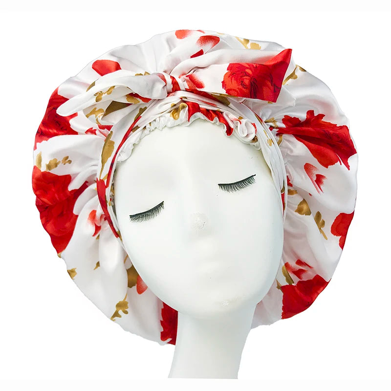 Bonnet en satin doux et soyeux pour femme, grand bonnet de nuit avec long ruban de satin, bandeau large et réglable