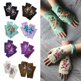 Gants tricotés sans doigts avec broderie florale et abeille, confortables, maintien au chaud, trous pour les pouces, mitaines à fleurs, mitaines à longueur de poignet, hiver