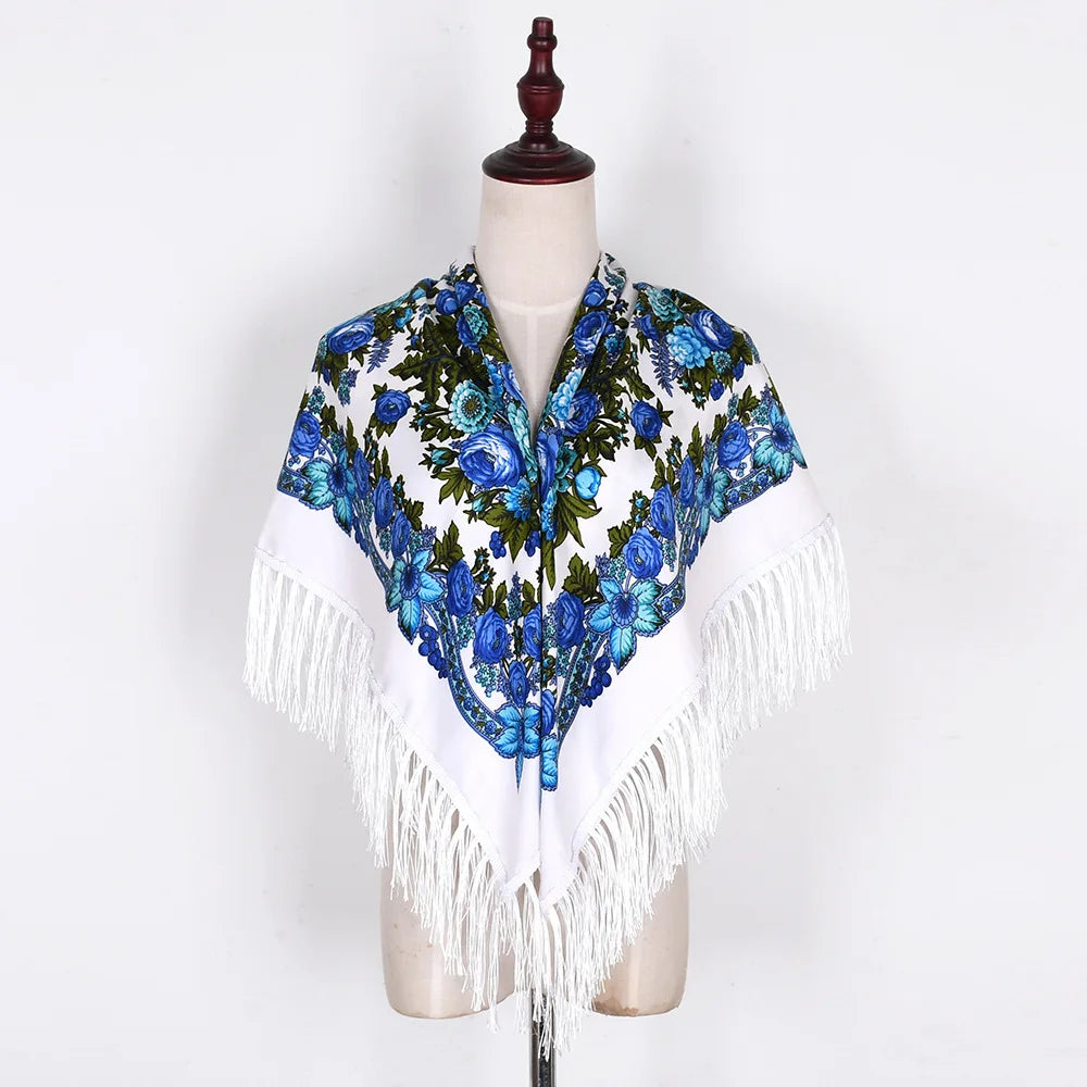 Foulard russe pour femme, carré à franges, bandana, foulard musulman, hijab, motif floral national, 110 x 110 cm