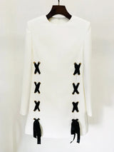 White Green Lace Up Mini Dress 2024 New Designer Runway Fashion Women's Long Sleeve Ribbons Lacing Up Dress High Quality