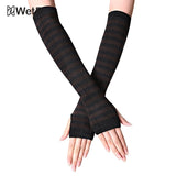 Gants longs classiques à rayures roses, noires et blanches, sans doigts, pour le coude, avec bracelet tricoté