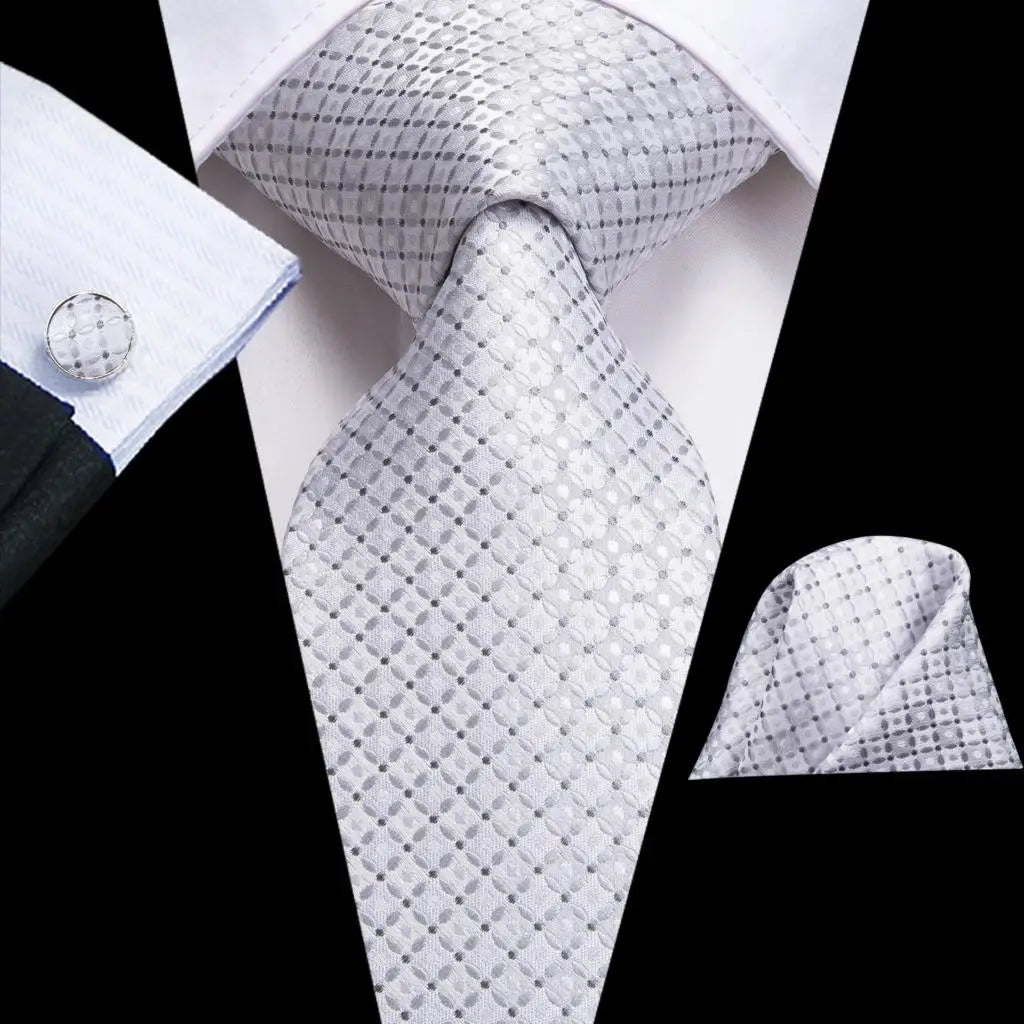 Cravate Hi-Tie blanche et noire à rayures pour homme, couleur unie, en soie, pour mariage, mouchoir, boutons de manchette, créateur de mode, livraison directe