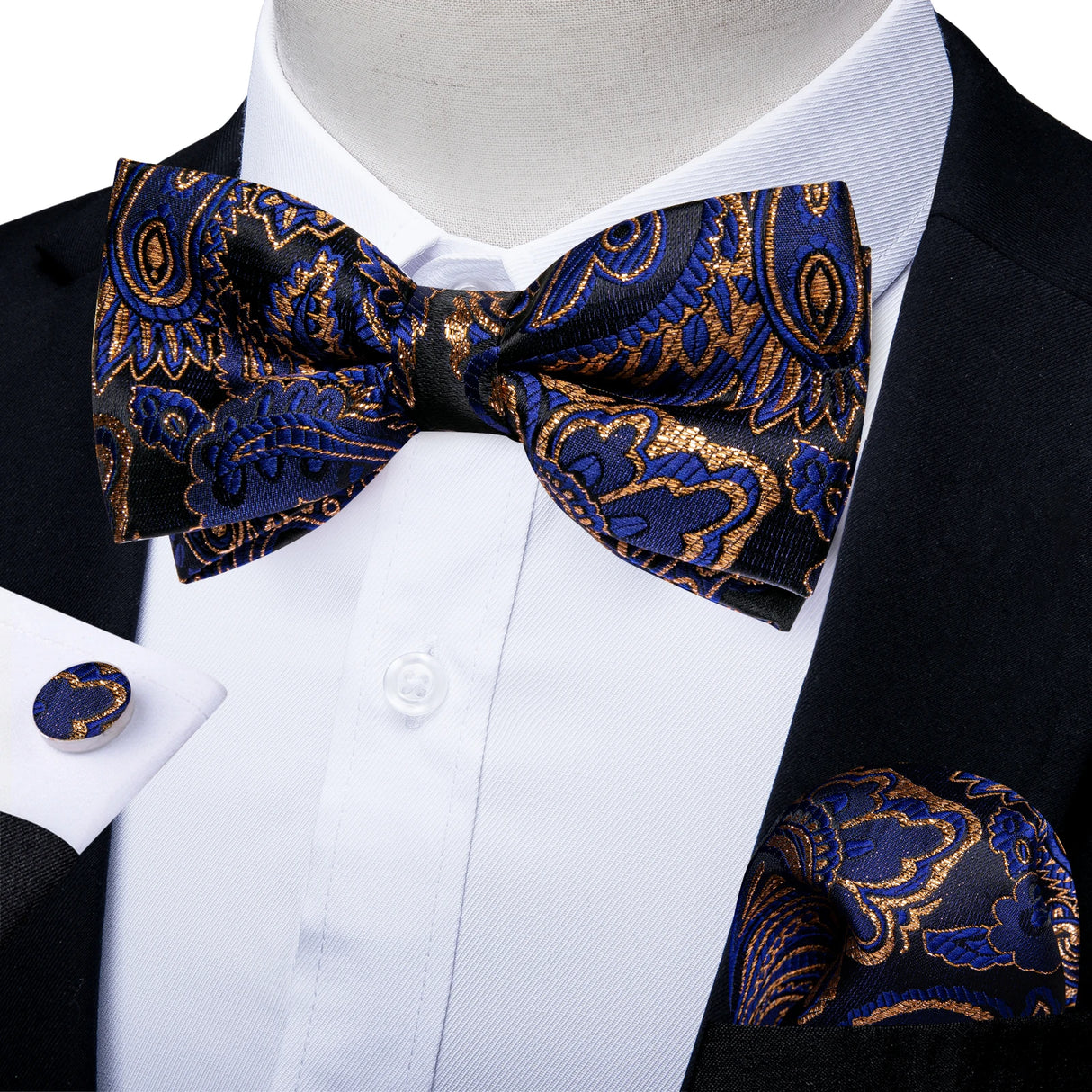 Classic Black Men Bow Ties 100% Silk Bowties Butterfly Pocket Square Cufflinks Set Suit Paisley Gold Pre-Tied Bow Tie DiBanGu