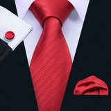 Cravate de luxe pour homme, ensemble de boutons de manchette et mouchoir en soie à rayures rouges, style business, Barry.Wang, accessoire tendance pour mariage, fête, décontracté