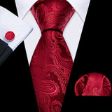 Barry.Wang Ensemble cravate et boutons de manchette en soie pour homme, motif jacquard, rouge, bordeaux, rose, pour mariage, affaires, fête