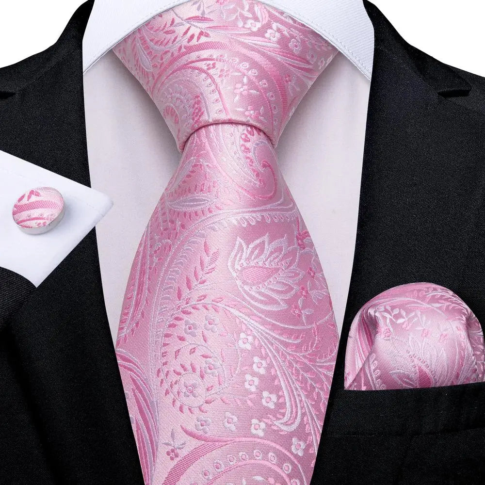 Hi-Tie Cravate de mariage en soie pour homme, motif cachemire, couleur unie, rose, corail, design tendance, qualité, mouchoir, bouton de manchette, fête d'affaires