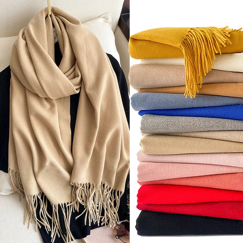 Écharpe d'hiver 2022 en cachemire épais et solide pour femme, foulard chaud pour le cou et la tête, hijab, pashmina, châle et bandana à pompon