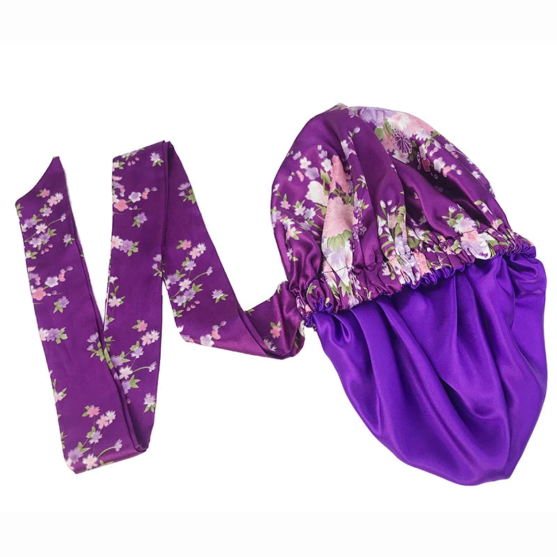 Bonnet en satin doux et soyeux pour femme, grand bonnet de nuit avec long ruban de satin, bandeau large et réglable