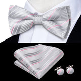 Hi-Tie Black White Silver Grey Brown Silk Mens Bow Tie Hankerchief Cufflinks Set Pre-tied Butterfly Knot Adjustable Bowtie Male