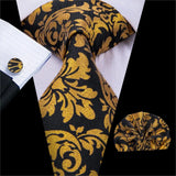 Cravate élégante pour homme, motif cachemire, rayures noires et dorées, en soie, pour mariage, mouchoir, boutons de manchette, pour entreprise, fête, livraison directe