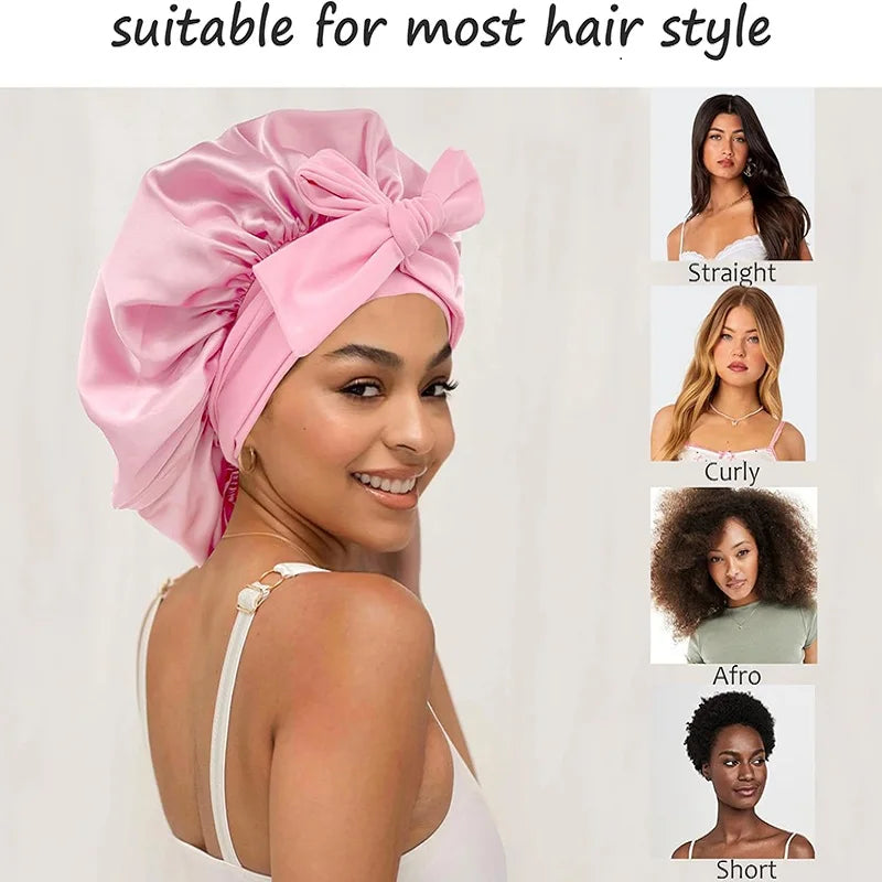 New Women Satin Bonnet Silky Sleep Cap Curly Hair Wrap For Sleeping Cap Adjustable Bonnets With Tie Band Nightcap Hair Care Cap