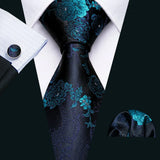 Cravate fantaisie en soie bleu sarcelle pour homme, marque de luxe solide, pochette, boutons de manchette, ensemble de cravates de haute qualité pour fête de mariage Barry.Wang