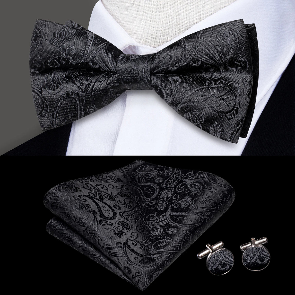 Hi-Tie Marque Soie Pré-noué Homme Nœud Papillon Mouchoir Boutons de Manchette Ensemble Nœud Papillon pour Homme Jacquard Solide Cachemire Floral Mariage Cadeau d'Affaires