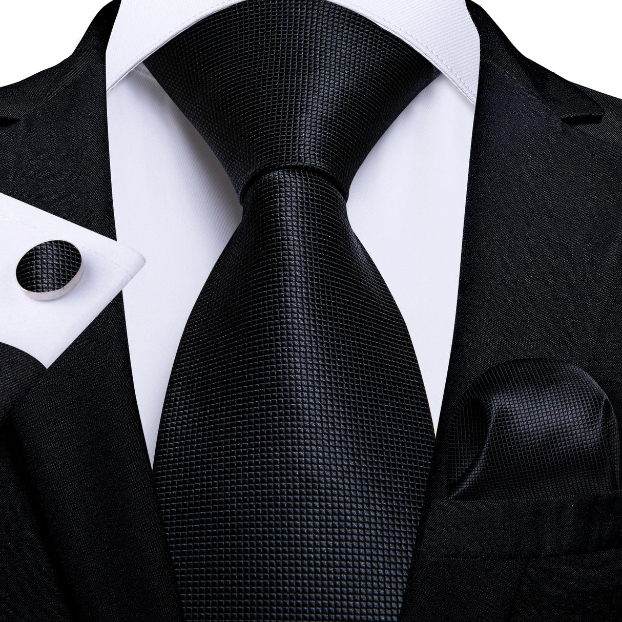 Cravate noire unie pour homme, 8 cm de large, en polyester, pour affaires, mariage, fête, pochette, boutons de manchette, cadeau pour mari