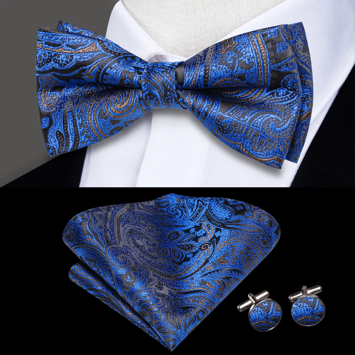 Hi-Tie Marque Soie Pré-noué Homme Nœud Papillon Mouchoir Boutons de Manchette Ensemble Nœud Papillon pour Homme Jacquard Solide Cachemire Floral Mariage Cadeau d'Affaires