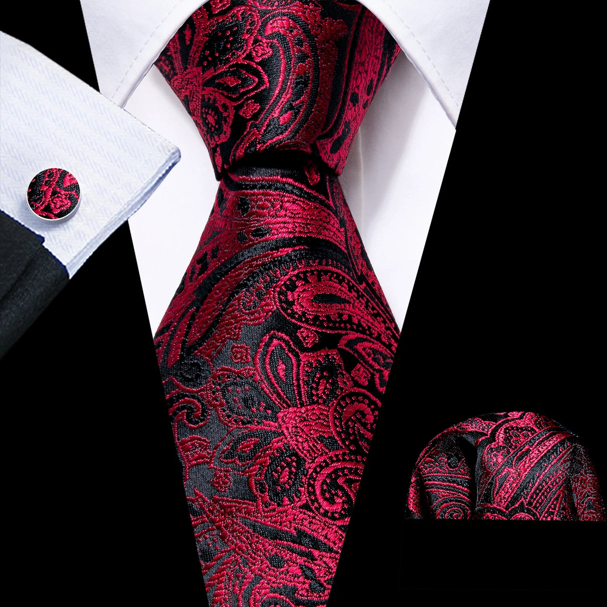 Barry.Wang Ensemble cravate et boutons de manchette en soie pour homme, motif jacquard, rouge, bordeaux, rose, pour mariage, affaires, fête