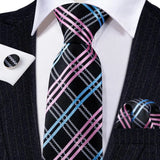 Barry.Wang Ensemble cravate et mouchoir en soie à carreaux pour homme, motif jacquard, idéal pour un mariage, un marié ou une équipe