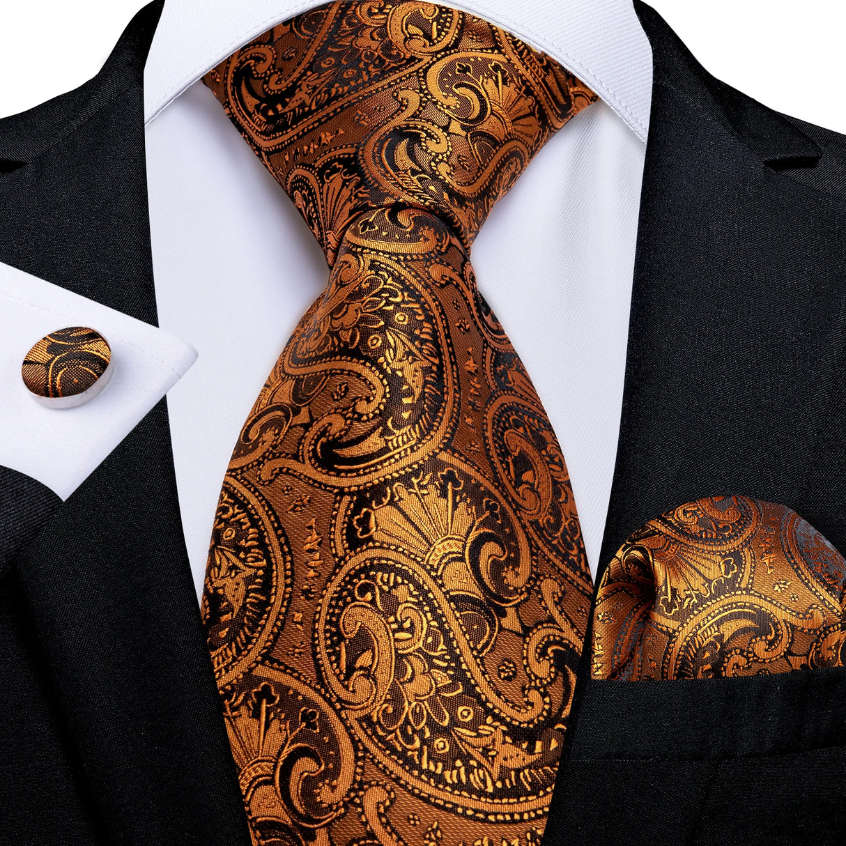Cravate homme orange cachemire luxe soie polyester mariage bal 8 cm ensemble cravate pochette mouchoir boutons de manchette cadeau pour mari homme accessoire