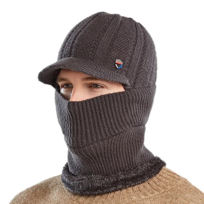 Fashion Flat Brim Men's Solid Colour Hat Winter Warm Woolen Ski Warm Hat Ear Plugs Windproof Scarf and Mask in one Knitted Cap