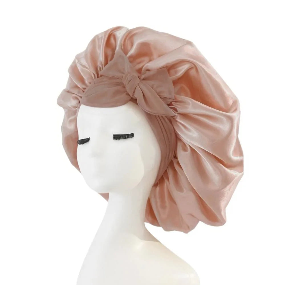 Bonnet de nuit en satin pour femme, large bande solide, extensible, avec nœud, bonnet soyeux, bonnet de nuit, soins capillaires, couvre-tête de douche