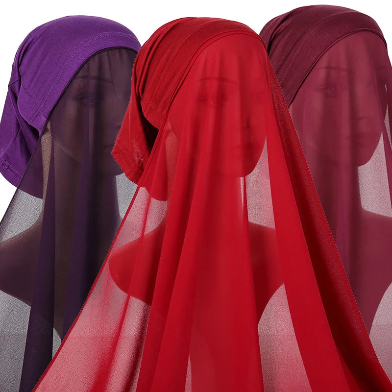 Ensemble châle et chapeau en mousseline de soie avec perles de couleur unie, coutures élastiques, hijab pour femmes musulmanes, vêtements islamiques, bonnet intérieur, turban tendance