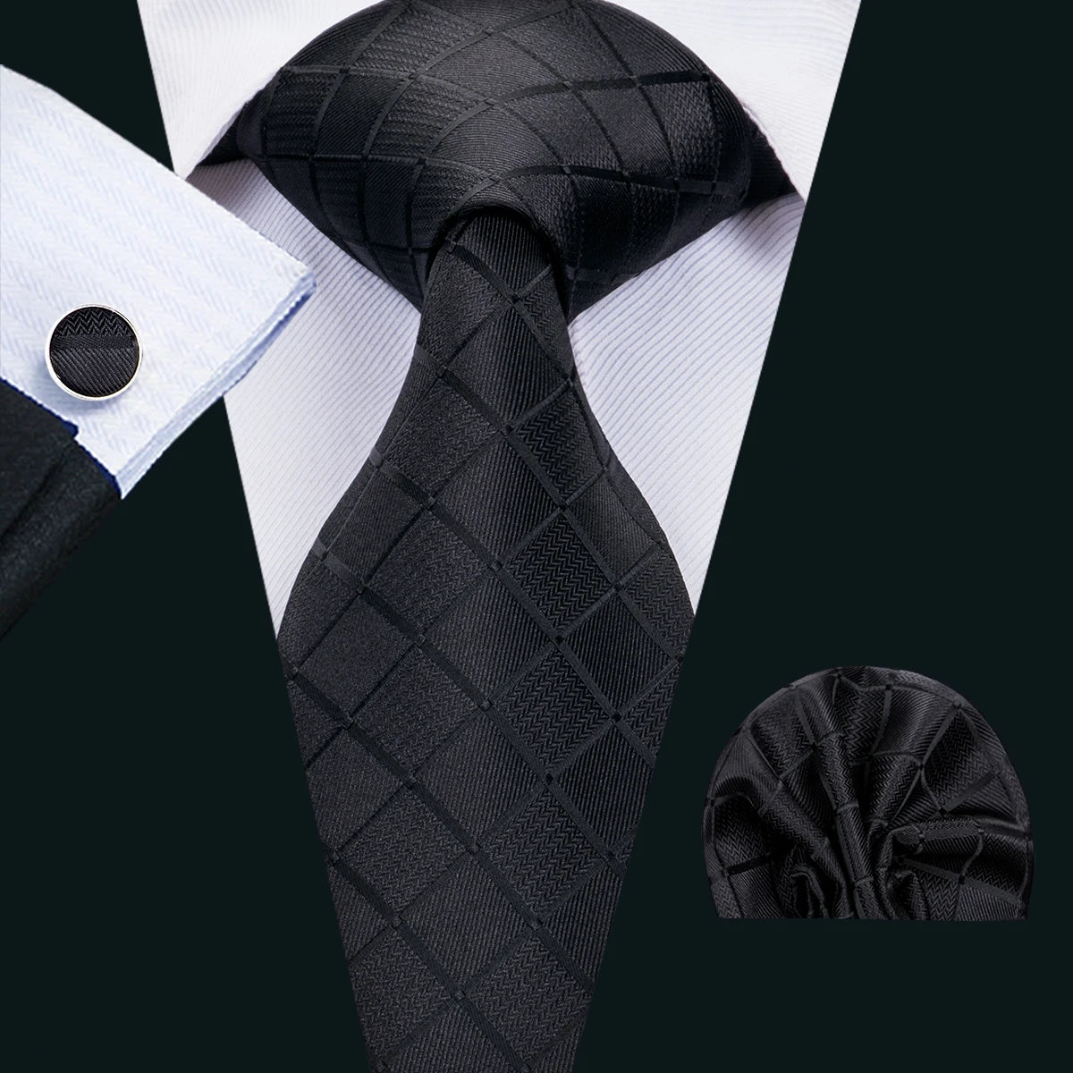 Cravates en soie noire pour hommes, classiques, solides, tissées de haute qualité, avec pochette et boutons de manchette, pour soirées formelles, design Barry.Wang